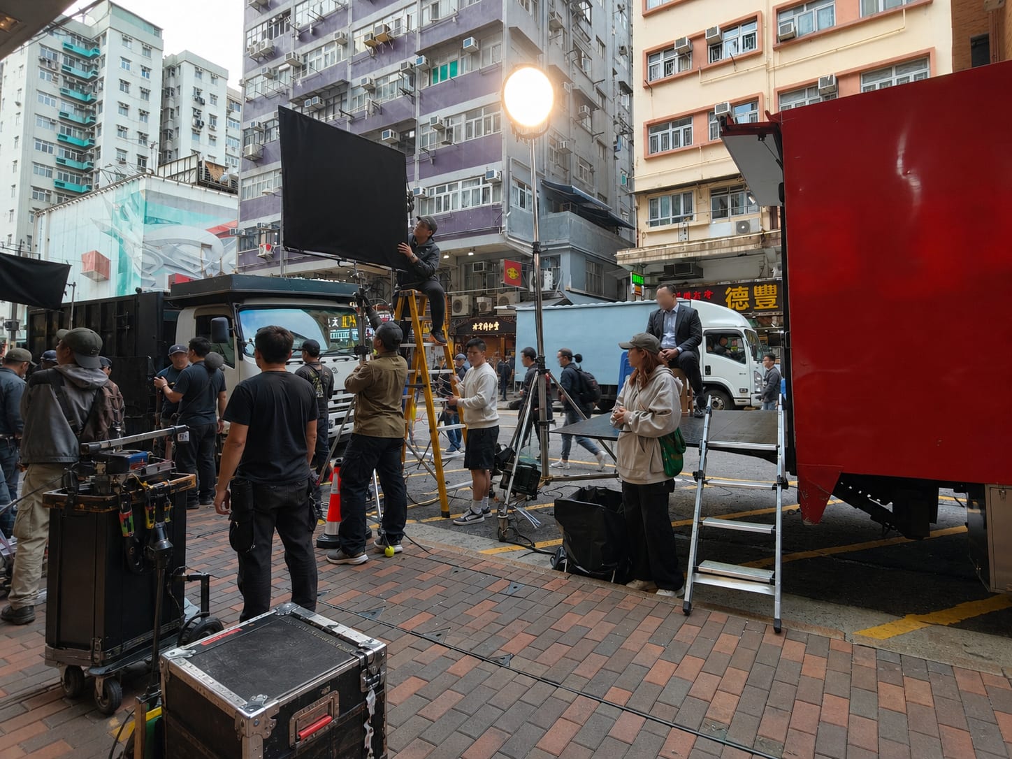 Hong Kong film production set with cinematographer and crew.